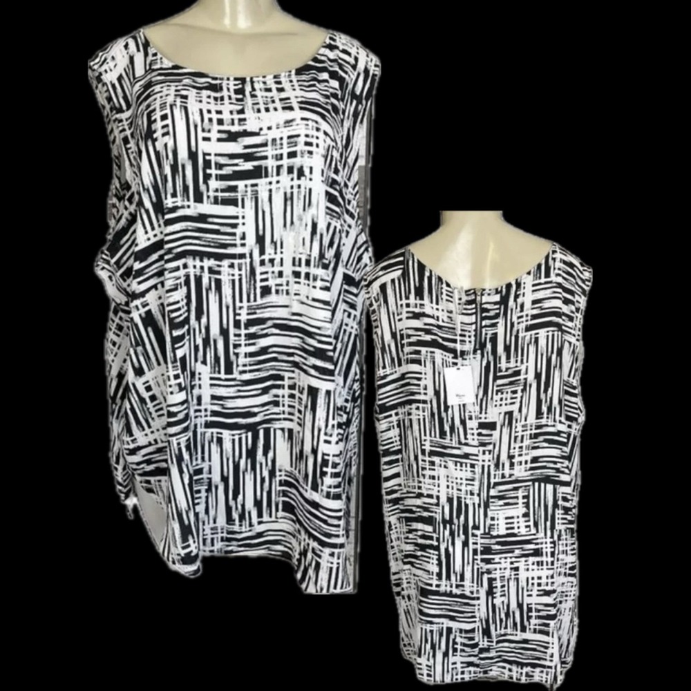 Milano Woman 2X Black White Abstract Splash Print Sleeveless Blouse Zip Back
